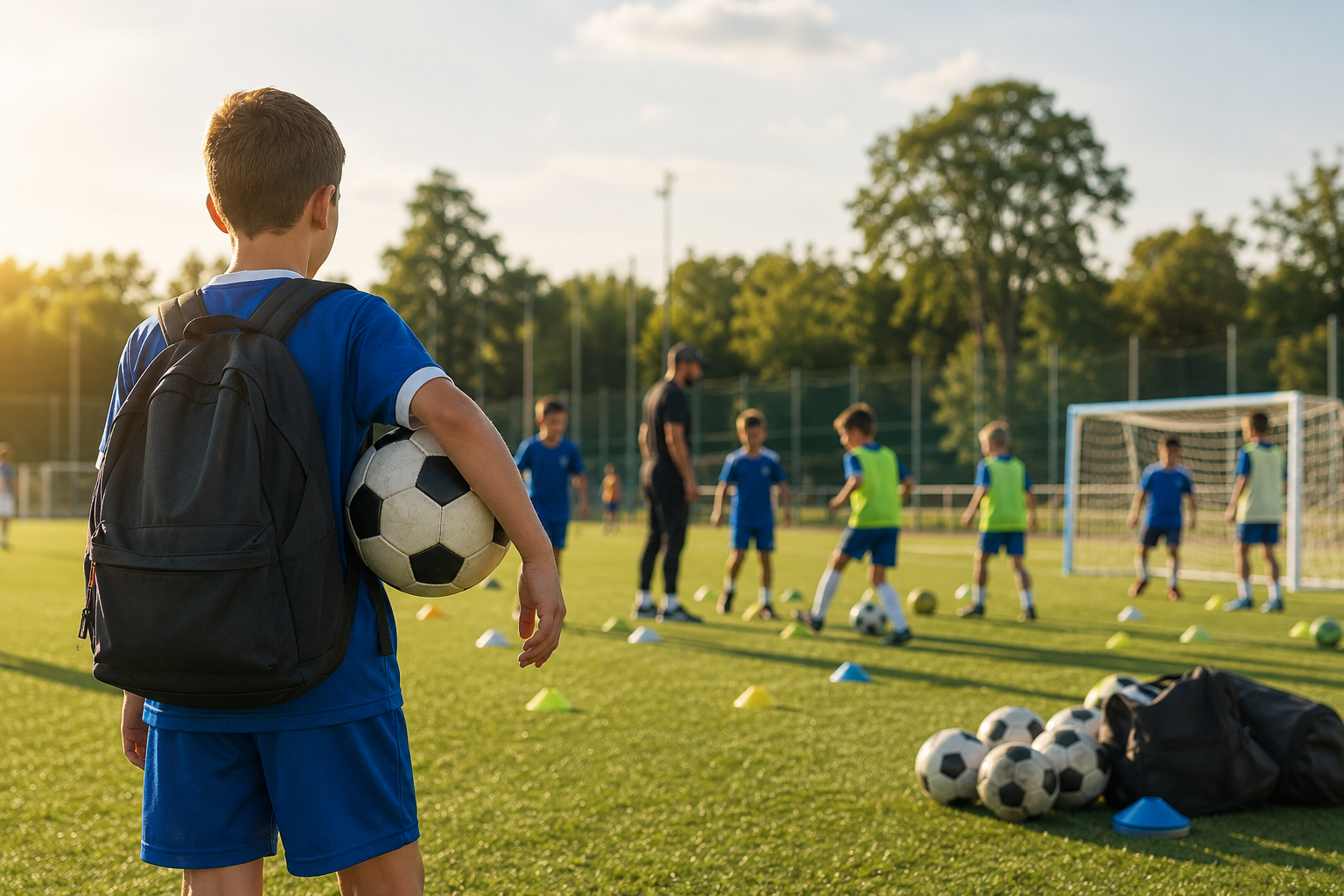 Groupe d'enfants participant à un stage de football pendant les vacances