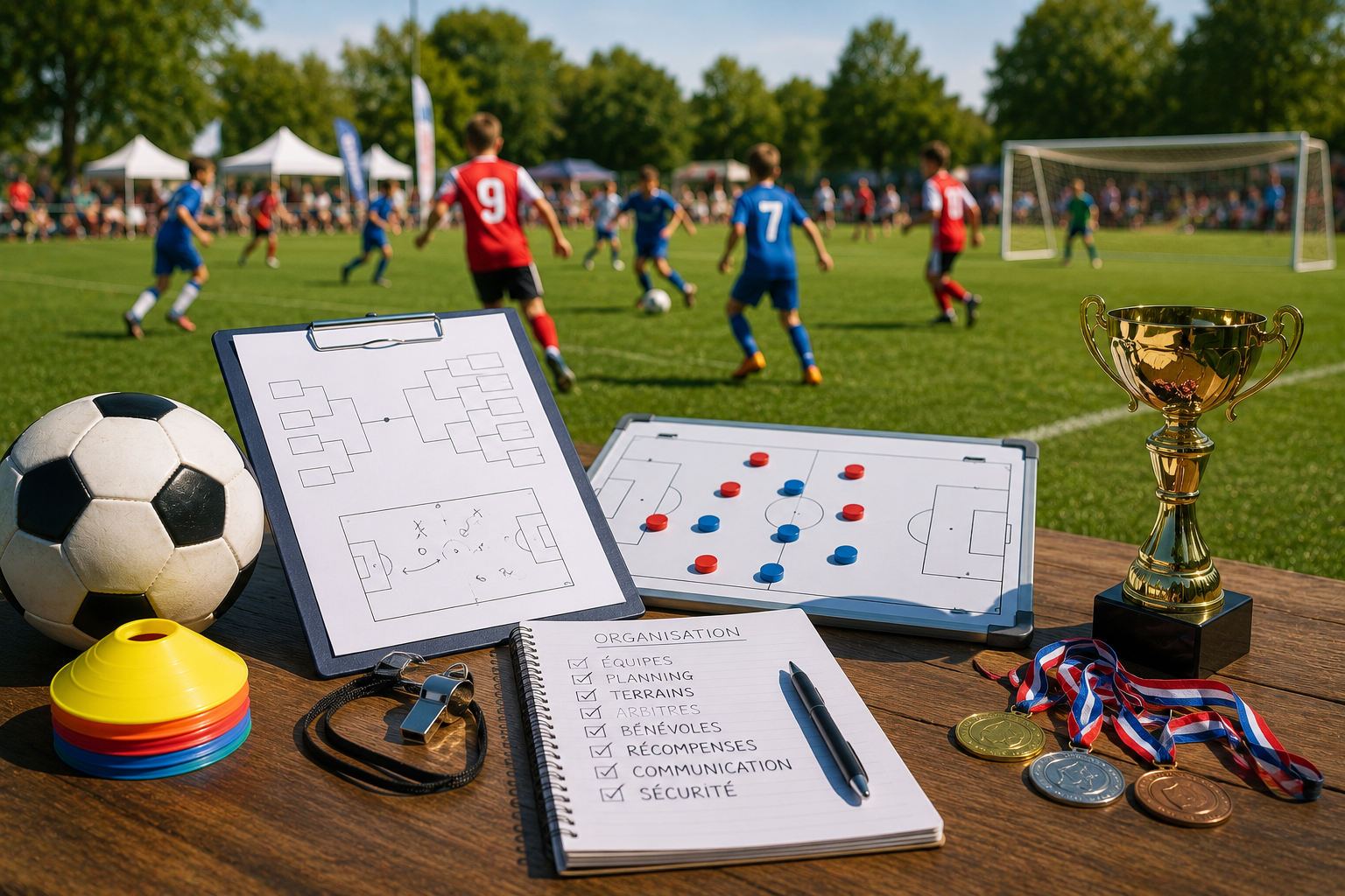 Enfants jouant un tournoi de football jeune sur un terrain amateur