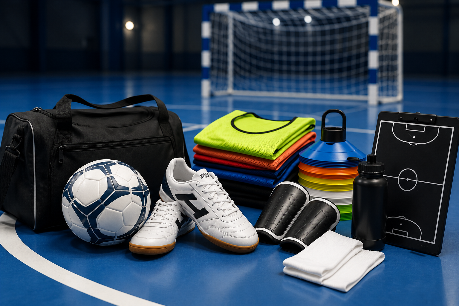 Chaussures de futsal et ballon posés sur un parquet